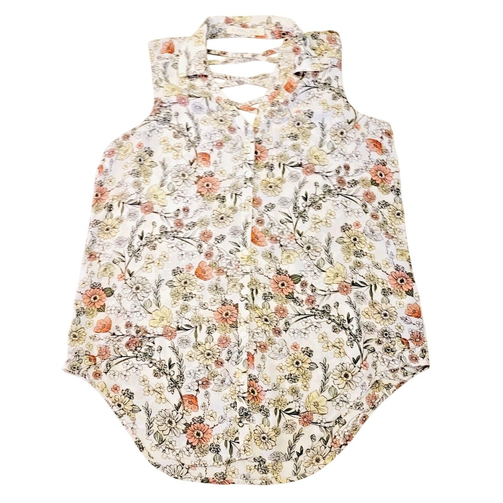 Emaline M Blouse Crisscross Back Button Front Collared Floral White‎ Multi NWOT